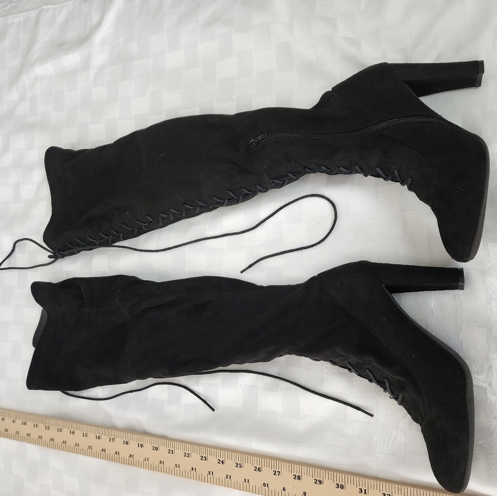 SHEIN Black Faux Suede Over The Knee High Adjustable Tie Lace Up Boots Sz. 8 1/2 - Picture 5 of 7